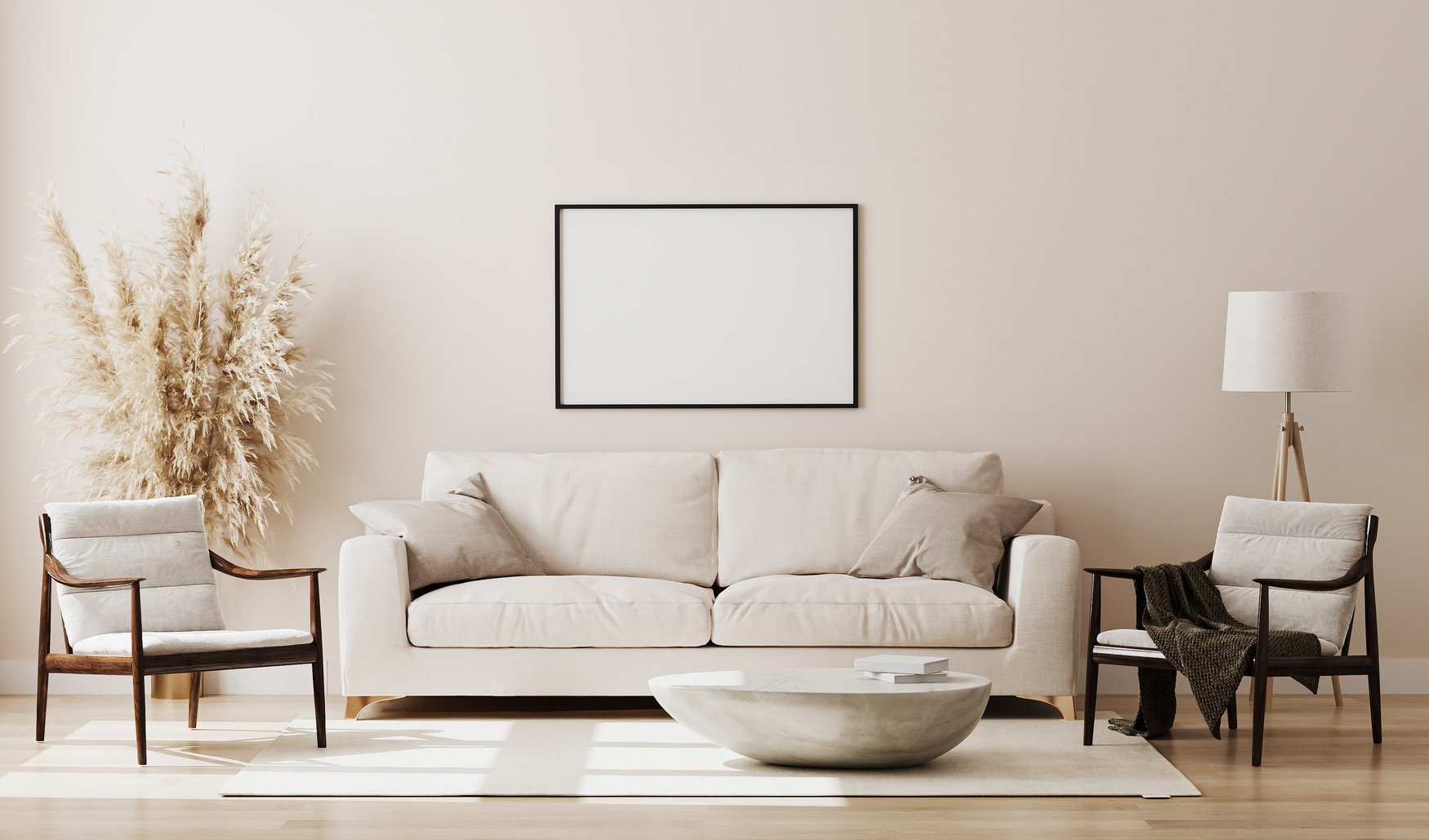 Neutral Living Room Interior With Beige Wall